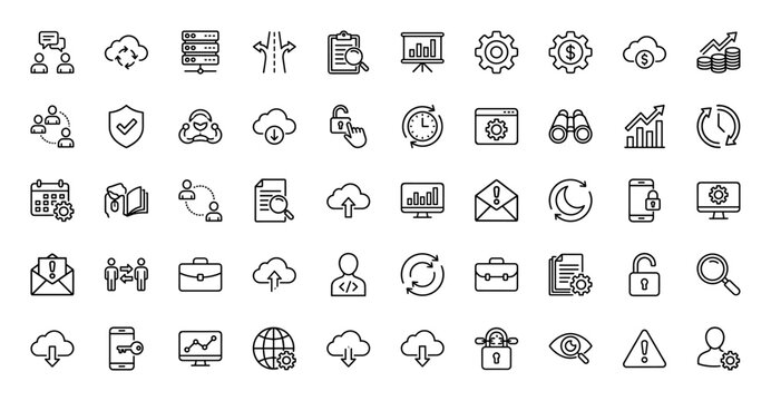 Technology and business line icon set. Vector pictograms of gear, cloud, chart, data, and security, thin linear illustration.