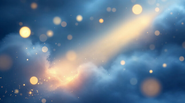 Abstract background of golden light beam in dark blue clouds. Magical fantasy sky with sparkling bokeh and glittering stars. Spiritual heaven concept