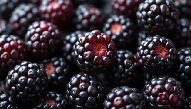 Close up view of ripe blackberries. Berries show textured juicy surfaces. Dark fruit perfect for healthy food themes. Many ripe blackberries in a pile. - Powered by Adobe