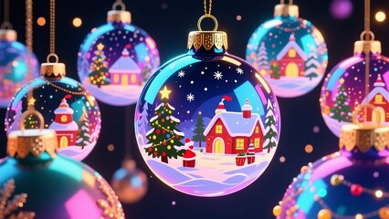 Mehrere Christbaumkugeln mit sch&ouml;nen weihnachtlichen Motiven h&auml;ngen von oben herunter