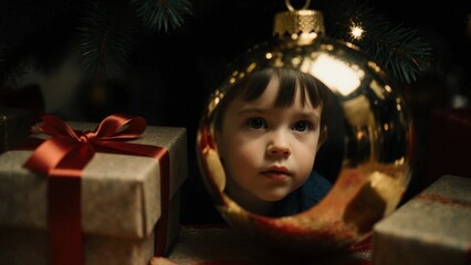 Das Gesicht eines Kindes spiegelt sich in einer Christbaumkugel, daneben liegt ein Weihnachtsgeschenk