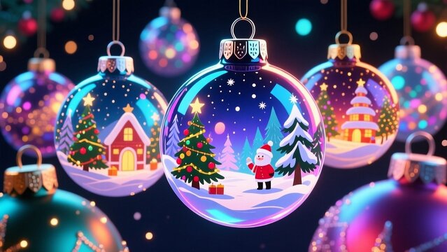 Bunte Christbaumkugeln mit weihnachtlichen Motiven h&auml;ngen an der Decke