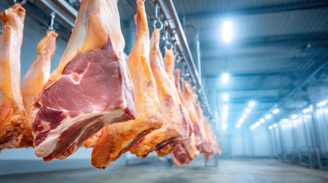 Fresh meat cuts hanging in a modern processing facility, showcasing the butchering process with bright lighting and clean industrial environment, emphasizing quality and hygiene standards - Powered by Adobe