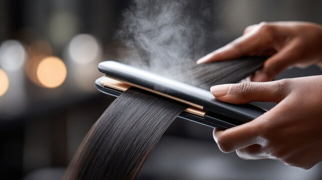 African American woman using a hair straightener to style long, sleek hair, with steam rising, in a modern salon environment showcasing beauty and self-care