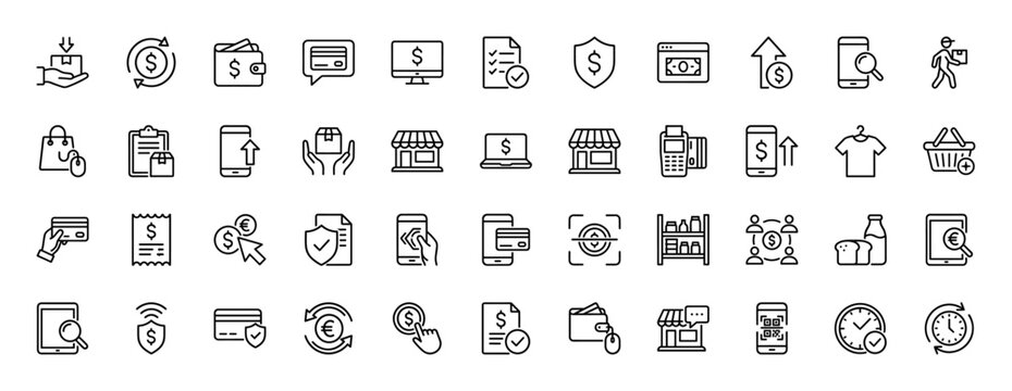 E-commerce and financial transaction line icon set. Vector pictograms of shopping carts, credit cards, wallets, receipts, and delivery, thin linear illustration.