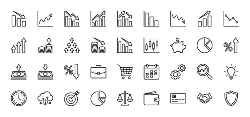 Finance and business line icon set. Vector pictograms of charts, graphs, money, clock, calendar, and credit card, thin linear illustration.