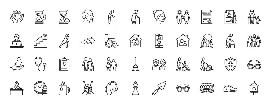 Elderly and retirement line icon set. Vector pictograms of aging, health, finance, and care, thin linear illustration.