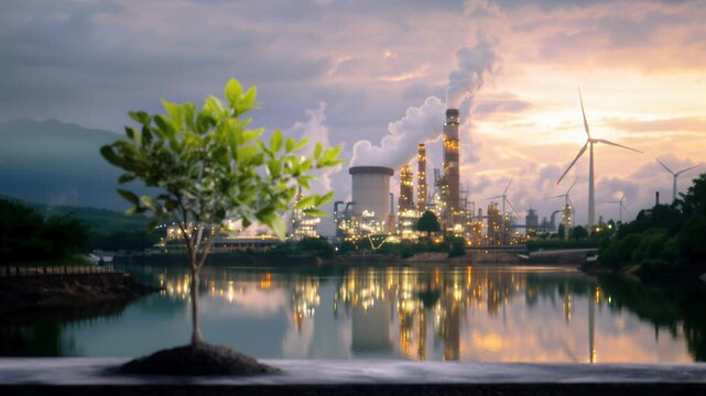young green tree against industrial skyline, sapling rooted in dark soil with wind turbine and cooling tower blurred in background, moody cloudy sky, visual