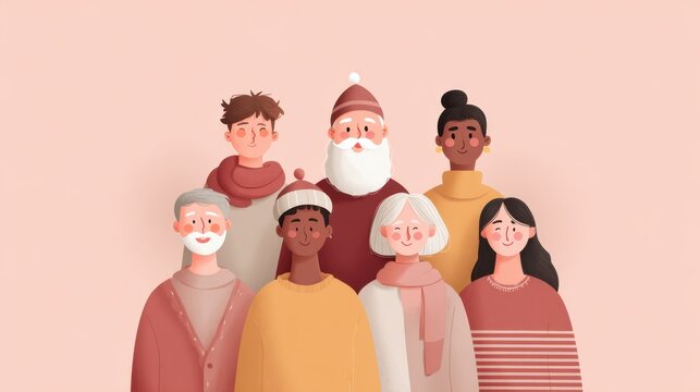 Group of diverse individuals celebrating winter holidays, featuring joyful expressions, festive attire, and a warm atmosphere, creating a sense of community and togetherness