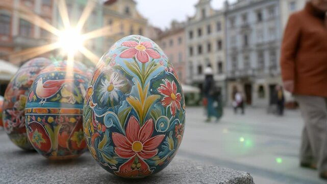 beautifully decorated Easter eggs resting on a stone surface with floral patterns. The vibrant colors of the Easter eggs contrast against the blurred background
