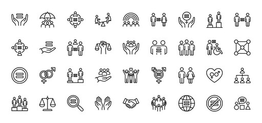 Equality and social justice line icon set. Vector pictograms of handshake, balance, seesaw, shield, and diverse group, thin linear illustration.