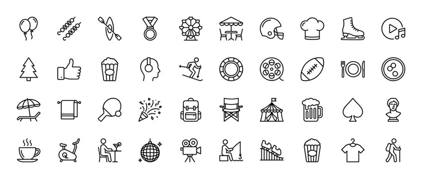 Leisure and entertainment line icon set. Vector pictograms of camping chair, skewer, popcorn, and disco ball, thin linear illustration.