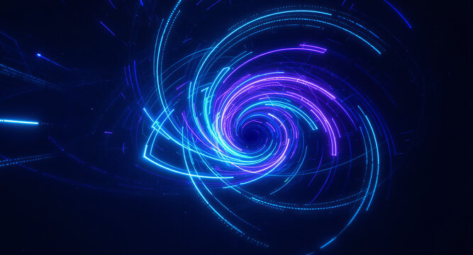 Abstract swirling blue and purple light trails in dark space