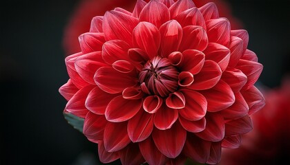 vibrant red dahlia in full bloom showcasing intricate petal details against a dark background