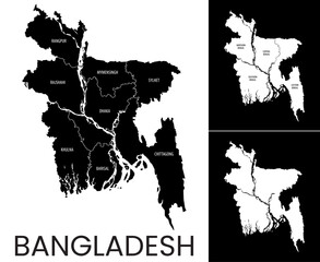 map of Bangladesh with country administrative division into Regions and Divisions, detailed black and white vector illustration