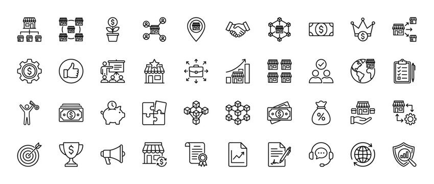 Franchise and business development line icon set. Vector pictograms of store hierarchy, partnership, finance, and investment, thin linear illustration.