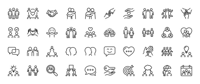 Cooperation and team work line icon set. Vector pictograms of handshake, partnership, relationship, community, and support, thin linear illustration.