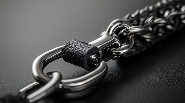 Close-up view of a metal chain link with leather accents on a dark surface for stylish accessories