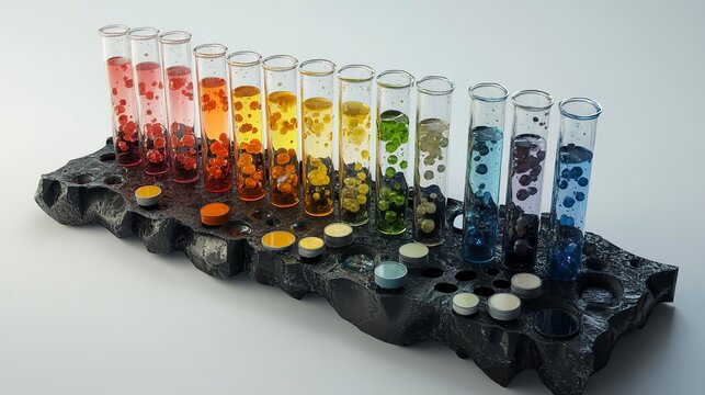 Colorful test tubes filled with various liquids on a black display stand in a scientific setting