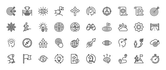 Fototapeta na wymiar Business goal and ambition line icon set. Vector pictograms of target, arrow, flag, compass, and progress, thin linear illustration.