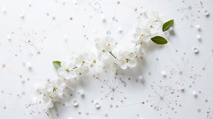 Delicate white flowers arranged on a light background with scattered beads and intricate designs