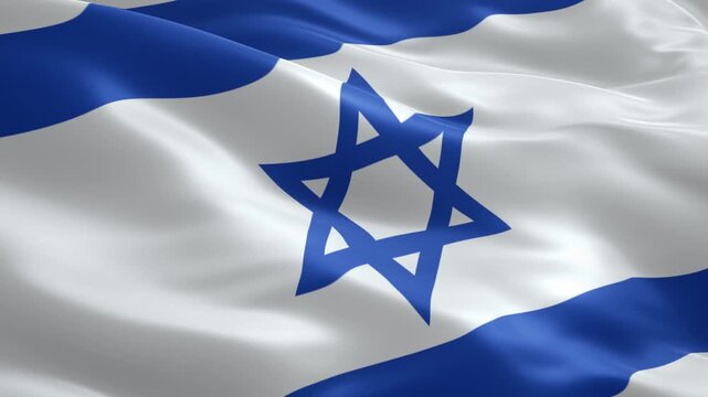Dynamic Israeli flag waving proudly in the wind, symbolizing national pride and identity, perfect for news broadcasts or educational videos