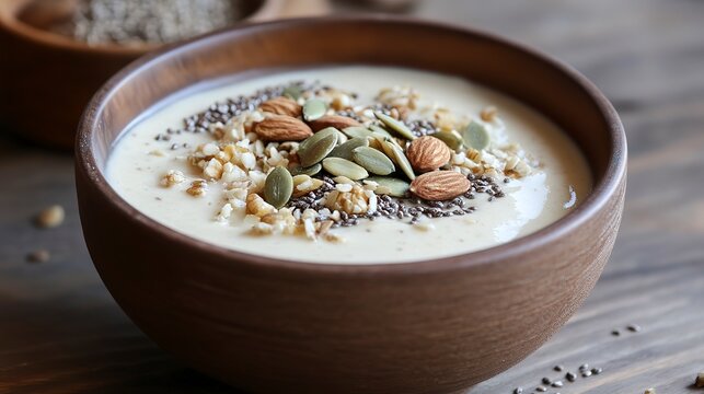 Delicious bowl of creamy yogurt topped with nuts and seeds for a nutritious breakfast option