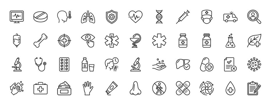 Medical and healthcare line icon set. Vector pictograms of syringe, lungs, heart, ambulance, and virus, thin linear illustration.