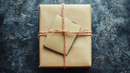 Gift wrapped in brown paper and twine on a dark textured surface, perfect for special occasions or celebrations