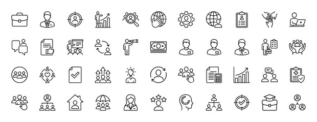 Business line icon set. Vector pictograms of team, meeting, finance, career, and management, thin linear illustration.