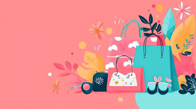 Colorful shopping bags on a vibrant background showcasing a cheerful, playful design for a fun shopping experience
