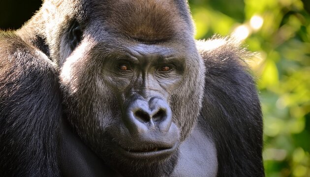 gorilla gazes thoughtfully in lush tropical surroundings on a sunny day
