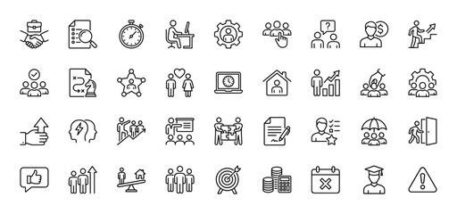 Business management and human resources line icon set. Vector pictograms of resume, handshake, strategy, meeting, target, teamwork, thin linear illustration.
