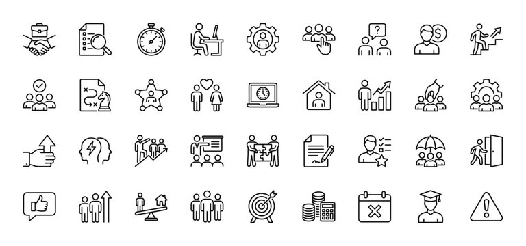 Business management and human resources line icon set. Vector pictograms of resume, handshake, strategy, meeting, target, teamwork, thin linear illustration.