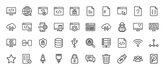Software development line icon set. Vector pictograms of coding, cloud, database, server, bug, api, network security, usb and hardware, thin linear illustration.