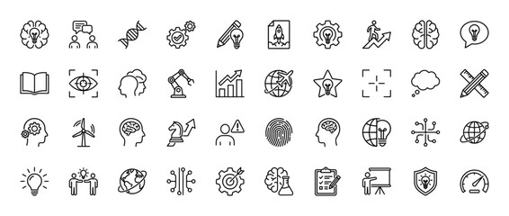 Business and education line icon set. Vector pictograms of idea, brain, gear, book, and innovation, thin linear illustration.
