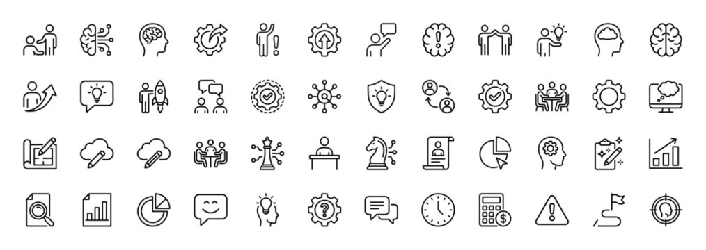 Business management line icon set. Vector pictograms of startup rocket, brainstorming lightbulb, strategic chess, financial chart, teamwork, thin linear illustration.