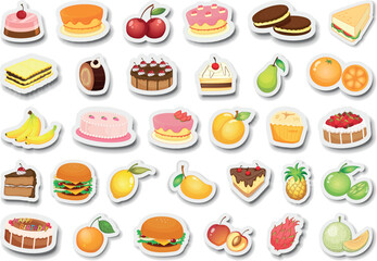Collection of various food stickers and icons featuring cakes, fruits, desserts, and burgers on a white background.