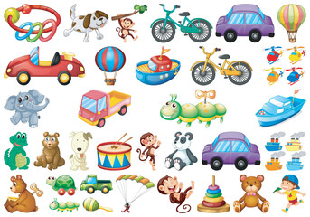 Collection of colorful toys for kids, including vehicles and animals.