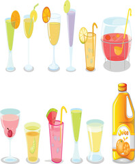 Illustration of various refreshing beverages, including cocktails, juice, and punch, with garnishes.