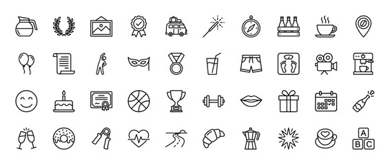 Celebration and leisure line icon set. Vector pictograms of trophies, gifts, sports equipment, food, and travel, thin linear illustration.