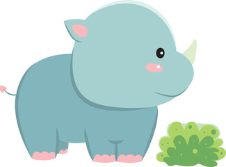 Cartoon illustration of a cute baby rhino standing near a bush.