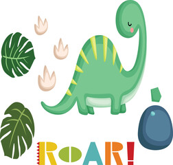 Cute cartoon dinosaur with leaves and footprints illustration.