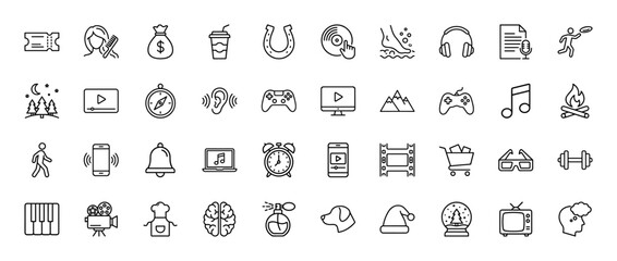 Leisure and entertainment line icon set. Vector pictograms of music, film, sport, gaming, and lifestyle concepts, thin linear illustration.