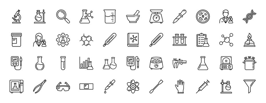 Science and laboratory thin line icon set. Vector pictograms of microscope, flask, beaker, and syringe, linear editable stroke illustration.
