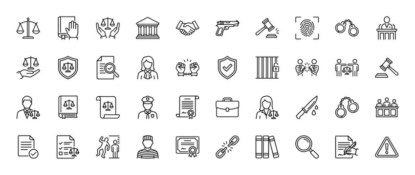 Justice and law line icon set. Vector pictograms of judge, gavel, handcuffs, scales, and court building, thin linear illustration.