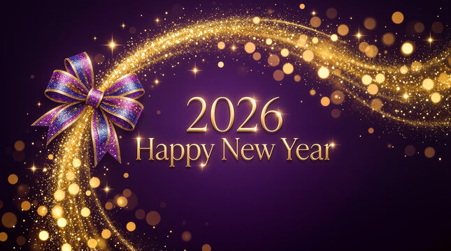 Neujahr 2026 &ndash; goldene glitzernde Gru&szlig;karte mit lila Schleife, funkelnden Partikeln und Bokeh auf dunkelviolettem Hintergrund