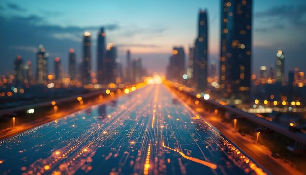 Futuristic digital cityscape with glowing circuit patterns on road surface. Tall modern skyscrapers form city skyline at dusk. Infographic style abstract road. - Powered by Adobe