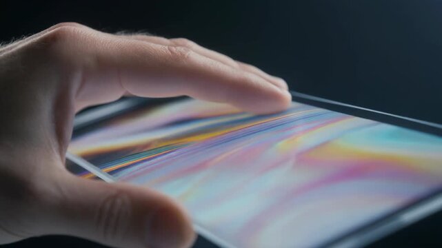 A gentle hand bends the clear OLED surface displaying flowing luminous graphics in quiet motion