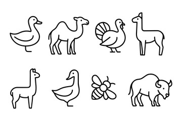 Naklejka premium Farm and exotic animal icon set. Duck, camel, turkey, alpaca, bee and bison for agriculture, farming and nature projects. Vector illustration.
